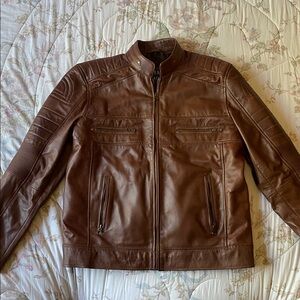 Men's Brown Leather Moto Jacket - Classic Zip Front